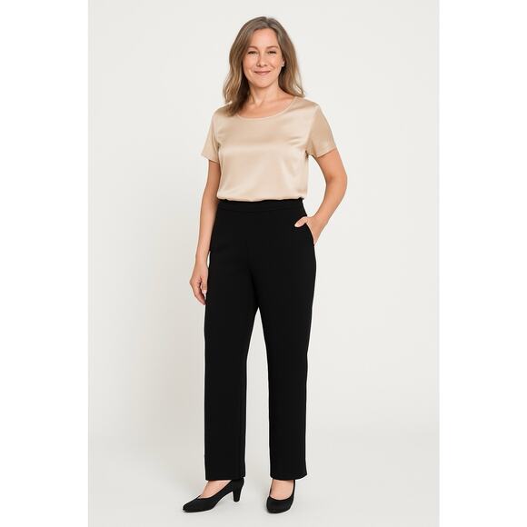 Eileen Fisher 100% Silk Crepe Wide Leg Pants Large Petite Black Pull On Flowy - Picture 14 of 14